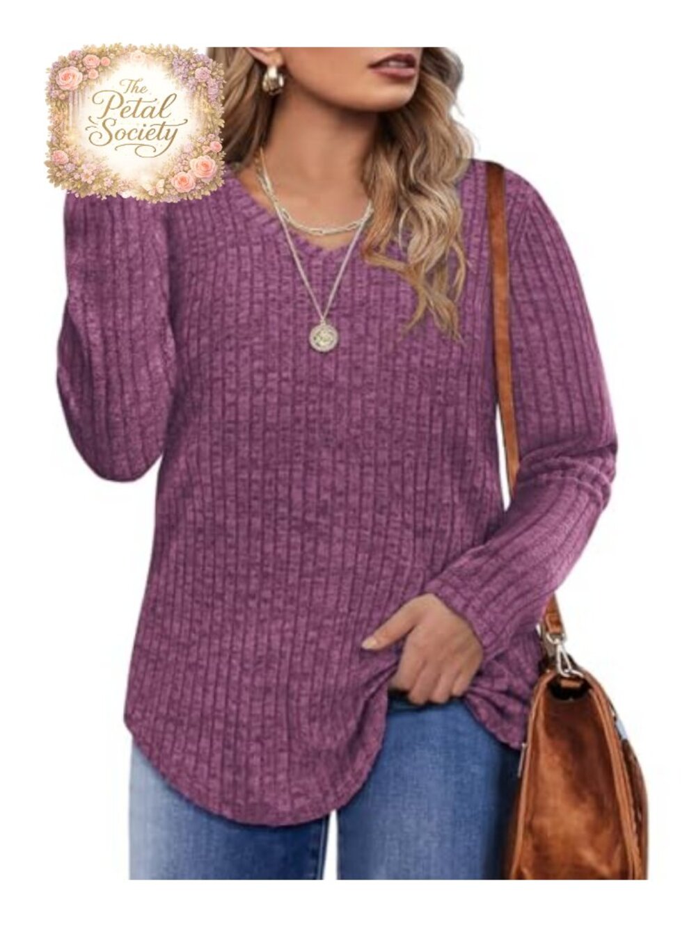 Plus Size Long Sleeve V Neck Tunic T Shirt Ribbed Knit Lightweight Fall Top